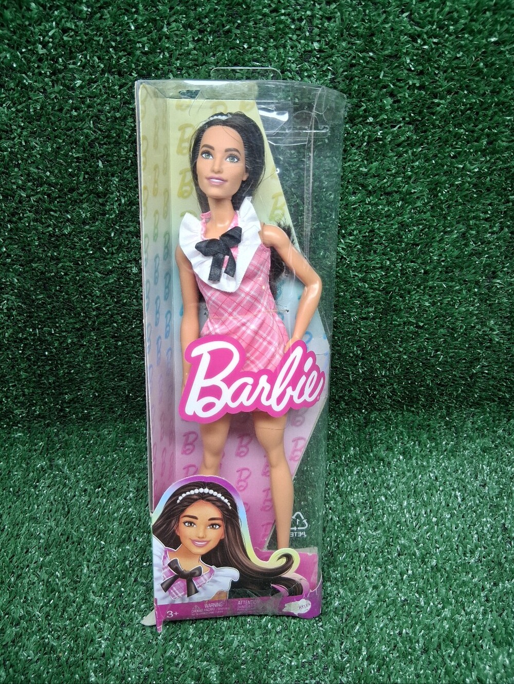 Barbie Fashionistas #209 with Black Wavy Hair Pink Gingham Dress!